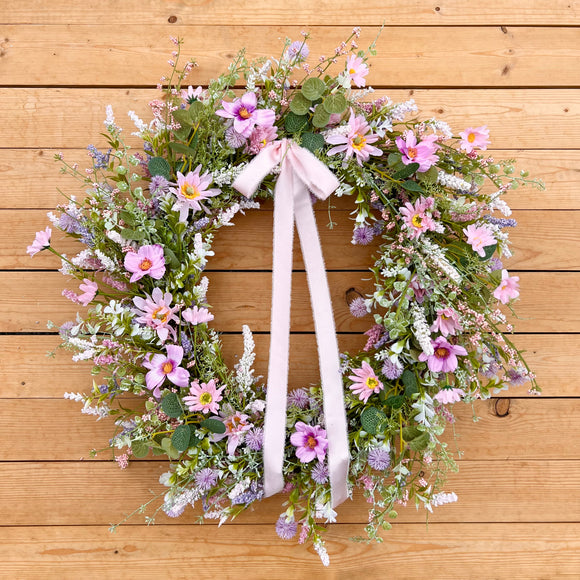 24” Lavender and Pink Wildflower Wreath with optional bow add on (made to order)