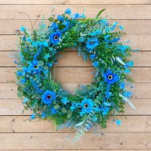 Aqua blue daisy and wildflower wreath (made to order)