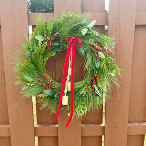 18” completed wreath with bells and red bow (ready to ship)