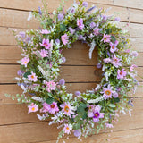 24” Lavender and Pink Wildflower Wreath with optional bow add on (made to order)