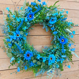 Aqua blue daisy and wildflower wreath (made to order)