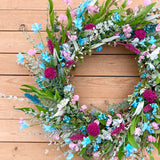 Hot Pink and Aqua Blue Wildflower Wreath (ready to ship)