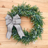 Every Day Greenery Wreath with Black/White Vintage Stripe Bow (made to order)