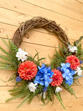 Coral orange and dusty blue floral Wreath (ready to ship)