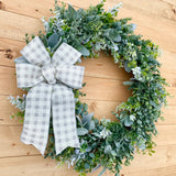 Frosted Boxwood Winter Wreath w. plaid bow (Made to Order)