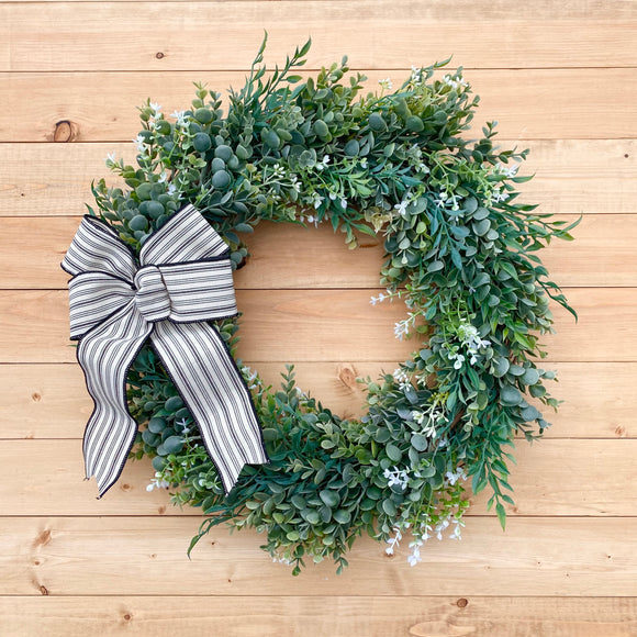 Every Day Greenery Wreath with Black/White Vintage Stripe Bow (made to order)