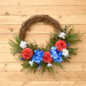 Coral orange and dusty blue floral Wreath (ready to ship)